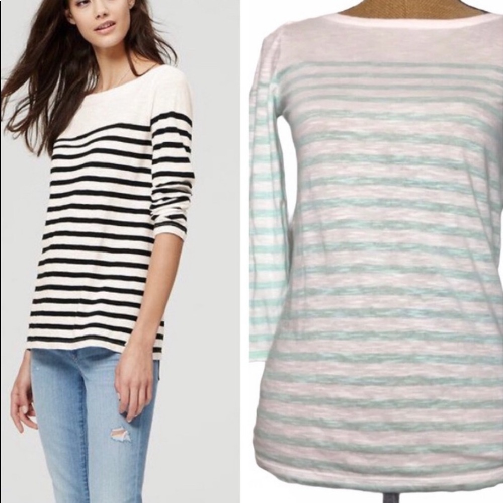 Loft Sun Washed Bateau Cotton Striped 3/4 Sleeve Career Casual Top Tee XS
